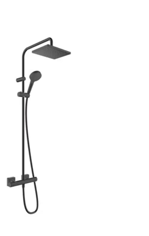 Schwarze Hansgrohe Dusche mit Kopf- und Handbrause, Thermostat und flexibler Schlauchführung, montiert an der Wand.